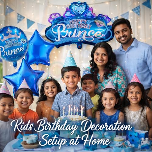 Image of Propsicle Blue Crown Foil Balloon Set of 5 Prince Theme Kids Birthday Decoration Kit, 32 Inch Crown Balloon with 18 Inch Star and Round Balloons Supports Air and Helium Inflation
