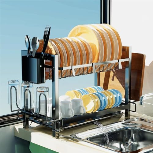 Yexati 2 Tier Dish Drying Rack Space Saving Dish Drainer with Utensil Organizer Cutting Board Holder & 3 Hooks Modern Kitchen Dish Rack with Anti-Rust Coating Black
