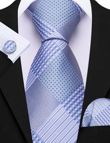 Image of Barry.Wang Designer Classic Ties for Men Set Formal Pocket Square Cufflink Check Plaid