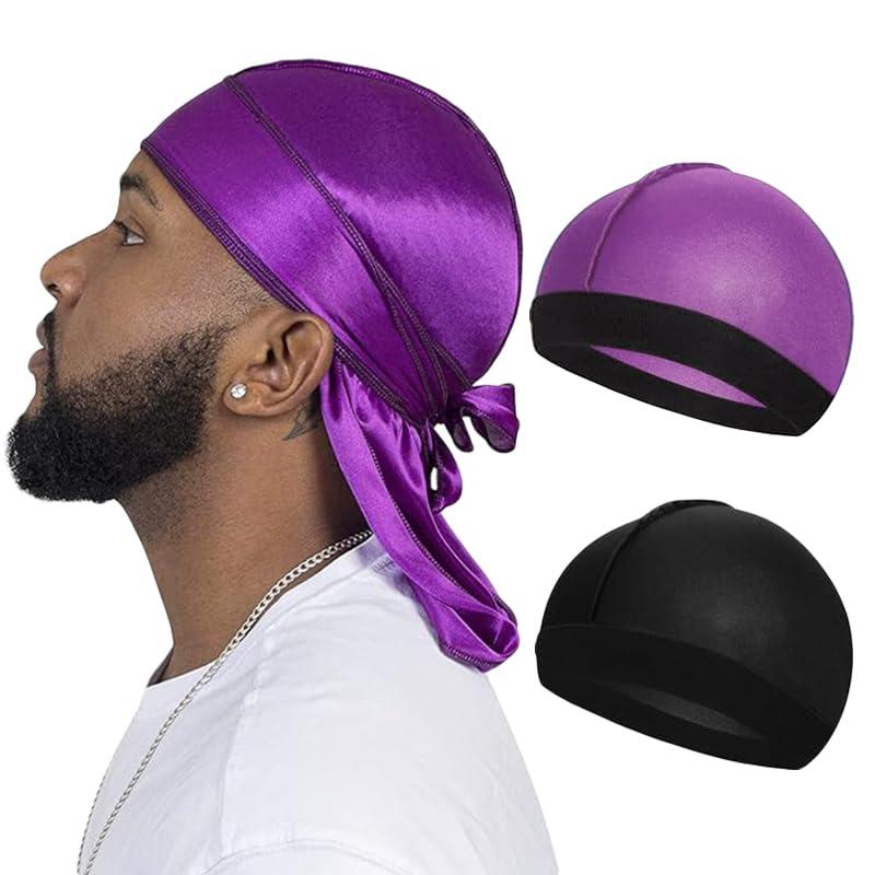 3PCS Long Silky Durag Set with Long Tail Muslim Doo Rag Pirate Hat for Chemo Turban and Hair