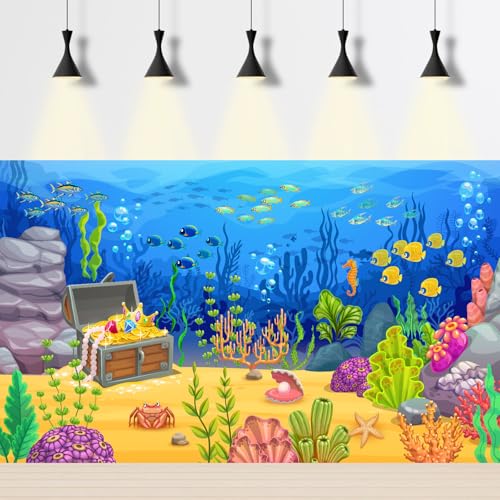 Image of Cartoon Underwater Landscape Aquarium Background Pirate Treasure Chest with Fish Shoal Terrarium Background Ocean Coral Reef Blue Sea Waves Fish Tank Backdrop Under The Sea Theme Backdrops 36x20in