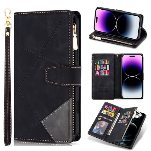 Étui pour Samsung Galaxy S25 avec poche zippée et 9 emplacements pour cartes en cuir noir