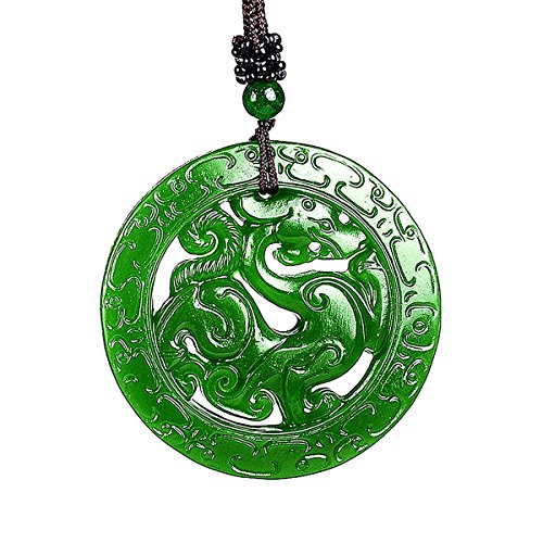 Yigedan - Pendentif avec Dragon sculpté en creux - Talisman en forme de pièce - En jade vert naturel