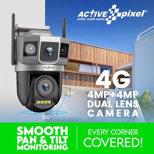 Image of Active Pixel 4+4MP 4G SIM Based Daul Lens Wireless Outdoor Indoor Security PT Camera, IP Waterproof CCTV System with Night Vision,2 Way Audio, Motion Detection