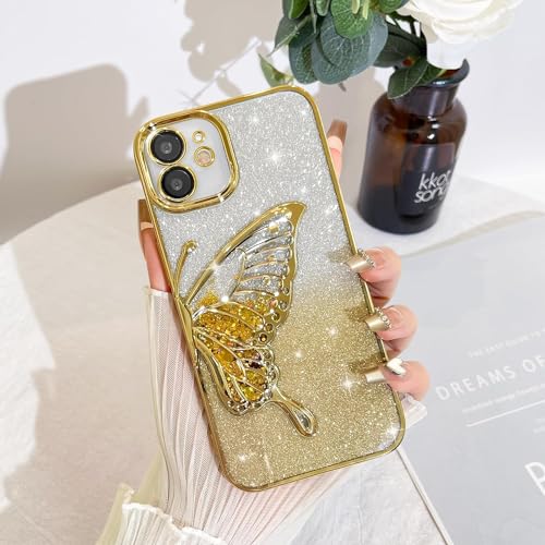 Image of SHINESTAR 3D Butterfly Case for iPhone 12 Cover, Cute Girly Glitter Bling Luxury Back Cover for Women Girls Protective Shockproof Slim Camera Protection for iPhone 12 - Gold