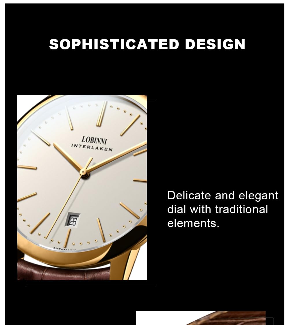 LOBINNI Reloj mecánico automático ultrafino para hombre, caja delgada de 7,9 mm, cristal de zafiro, calendario, correa de piel auténtica, resistente al agua, reloj de pulsera elegante