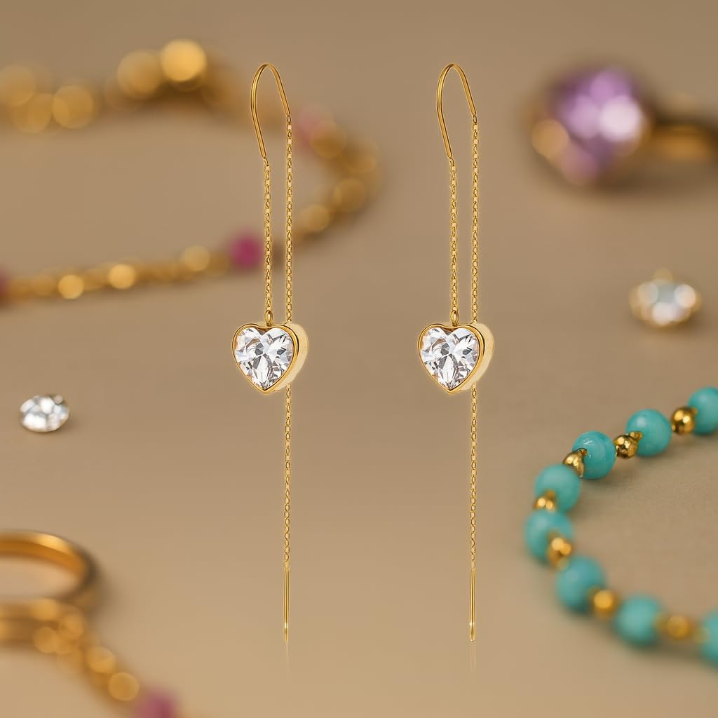 18k Long Dainty Gold Threader Chain Heart CZ Dangle Earrings for Women, Minimalist Fashion Statement Trendy Thin Drop Jewelry Gifts - Image 2