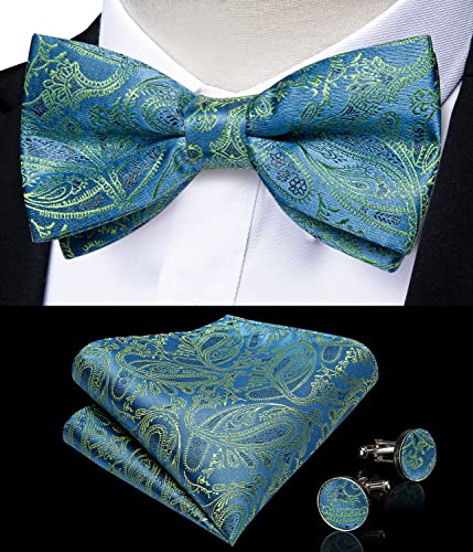 Image of DiBanGu Mens Paisley Suit Waistcoat,Silk Dress Vest and Bowtie Pocket Square Cufflinks with Lapel Pin Set for Wedding Tuxedo, Teal Green, Small
