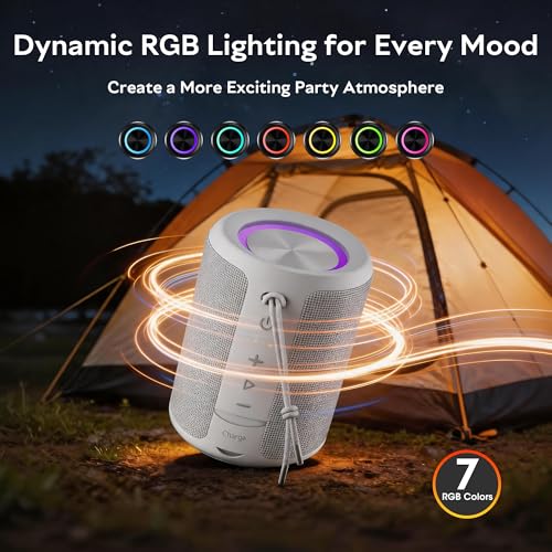 Image of Portable Bluetooth Speaker, IPX7 Waterproof Wireless Speaker with 20W Loud Stereo Sound, 15H Playtime & Beat-Synced RGB Light, Small Outdoor Speaker for Shower, Pool, Beach,Hiking,Gifts(Gray)