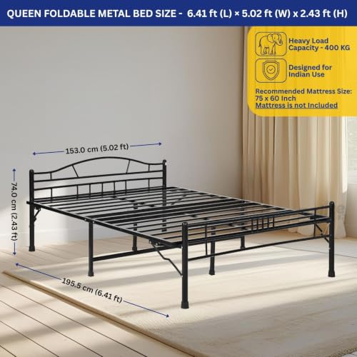 Image of DELITE KOM Lyra Foldable Metal Bed | Queen Size (6.4ft x 5.02ft) | Portable | No Installation | Strong Steel Frame | Powder Coated | Heavy Load | for 75 inchx60 inch Mattress | Glossy Black | 1 Year Warranty