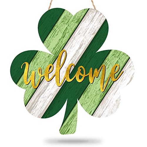 Whaline St. Patrick's Day Door Sign Wooden Irish Hanging Welcome Board Shamrock Shaped Wooden Hanging Sign for Holiday Farmhouse Home Indoor Outdoor Window Decoration, 11.6 x 12 inch