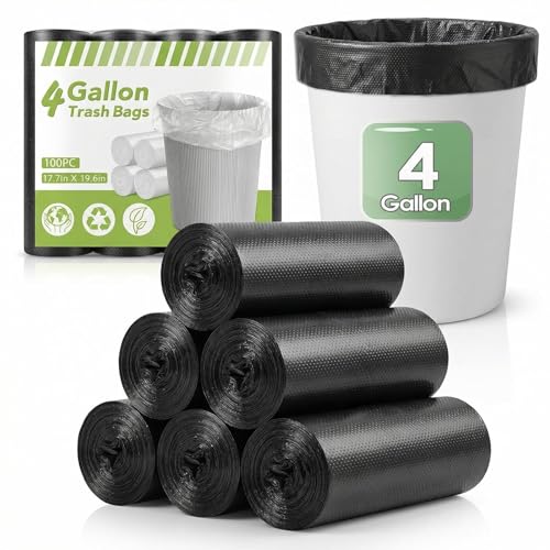 IUI 4 Gallon Small Trash Bags 100 Count 17.7 x 19.6 Black Garbage Bags - Strong & Tear-Resistant Can Bin Liners for Bathroom Kitchen Office - 15 Liter Unscented Waste Basket Bags
