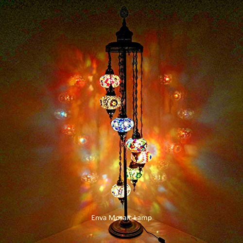 Enva Lampadaire en mosaïque marocaine turque en verre fait à la main - Mosaïque de verre Tiffany multicolore - 7 grands globe-avec ampoule LED