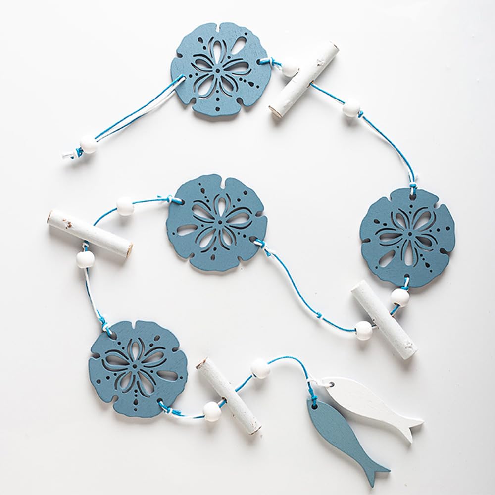 Penfly Coastal Beach Wall Hanging Decor, Blue Seashell Starfish Sand Dollar Design, Driftwood Accents, Nautical Theme String Ornaments (1, Round)