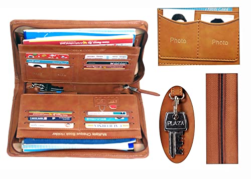 Image of Sukeshcraft Multiple Cheque Book Holder | Original PU Holds Upto 8 Cheque Books, Locker Key Hook, 2 Photo Slots, 1 Pin-Sim Slot, 13 Credit /Debit Card Slots with Matching Zipper (PU -Deep Tan)