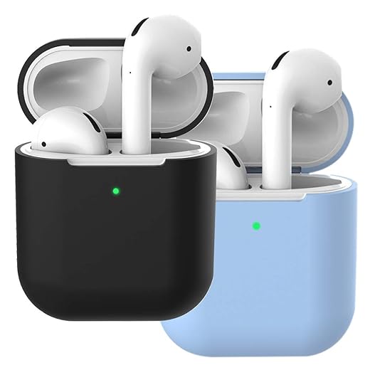 Molylove compatibile con airpods 2 custodia in silicone, 2x case per airpods custodia cover custodia protettiva in silicone antiurto [supporto ricarica wireless] (airpods 2, nero+cielo blu)