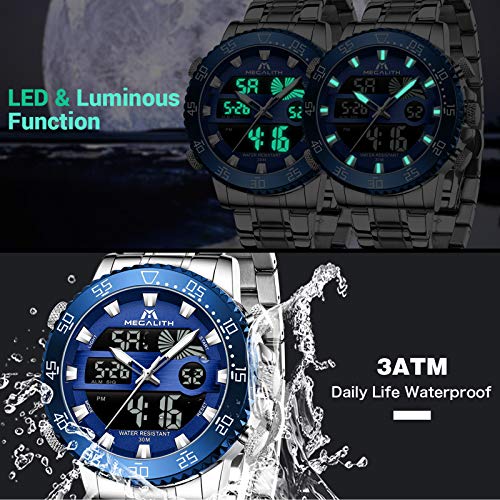 Megalith Men Watch Waterproof Stainless Steel Led Analog Digital Watches For Men Male Day Date Heavy Metal Alarm Sport Watch Silver Blue Gent Outdoor Military Luminous Big Wrist Watches With Backlight #TOP3