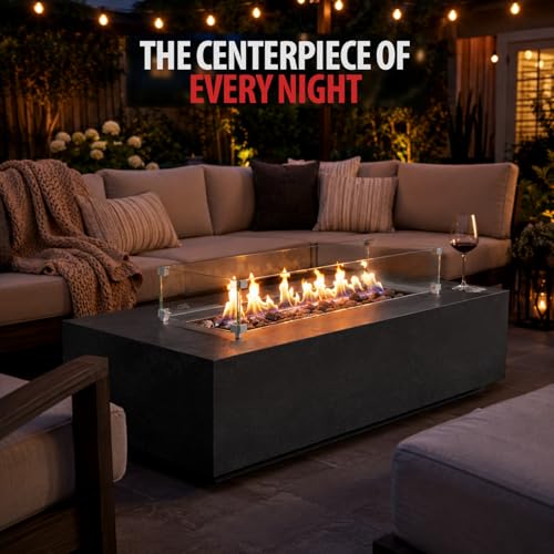 Image of AMS Creations | Chelsea 55 inches Rectangular Propane Gas Outdoor Fire Pit Table | Concrete GFRC Fire Pit Table | with SS Burner, Canvas Cover, SS Lid, Lava Rock, and Wind Guard Included