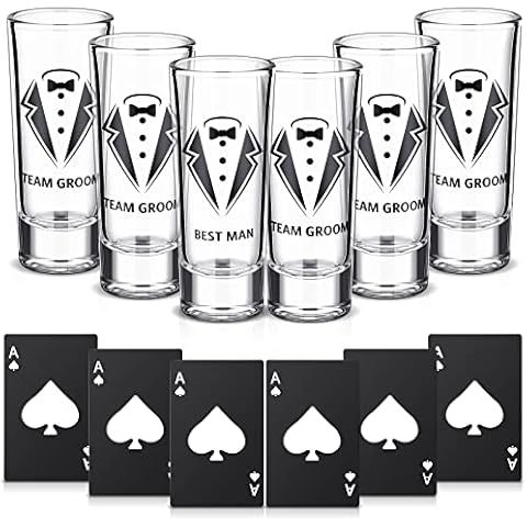 6 Pieces Bachelor Party Shot Glass and 6 Pieces Ace of Spades Bottle Opener 2 oz Tuxedo Printed Groomsmen Shot Glasses Black Bachelor Party Decorations for Wedding Party Favors Groomsmen Gifts Cover