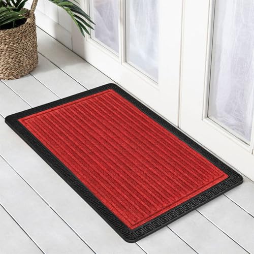 Image of Yellow Weaves 1 Pc Door Mat for Home Entrance, Outdoor Rubber Mat - Non-Slip, Anti Skid Foot Mat, Dirt Trapper, Heavy-Duty, Weather-Resistant, Waterproof Doormat (40x60cms, Stripe, Red Color)