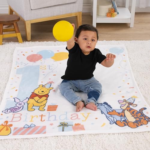 Image of NoJo Disney Winnie The Pooh My 1st Birthday Multi-Colored Piglet, Tigger, and Eeyore Super Soft Photo Op Baby Blanket