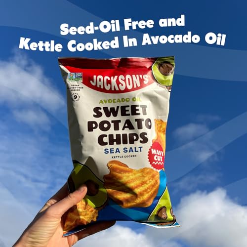 Image of Jackson's Wavy Sweet Potato Kettle Chips - with Sea Salt made with Premium Avocado Oil (5 oz, Pack of 7) - Allergen-friendly, Gluten Free, Peanut Free, Vegan, Paleo Friendly - Shark Tank Product