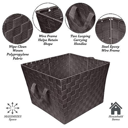 Image of Simplify Large Woven Strap Tote | Decorative Storage Basket | 2 Handles | Organization | Closet | Bedroom | Bathroom | Nursery | Accessories | Toys | Gifts | 4 Pack | Chocolate