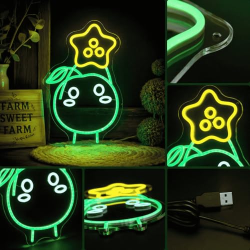 Image of Green Forest Spirit LED Neon Sign 15.7 inchx10 inch - Cute Star-Headed Character Wall Decor, USB Powered Night Light for Gamer Room, Bedroom, Farmhouse Aesthetic - Kawaii Harvest Helper Lamp