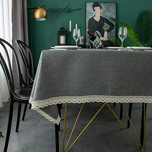 EHouseHome Faux Linen Tablecloth with Lace Trim - Waterproof/Spill Proof/Stain Resistant/Wrinkle Free/Oil Proof - for Banquet, Parties, Dinner,Kitchen,Wedding,Coffee,Holiday,Grey Rectangle 60x102Inch