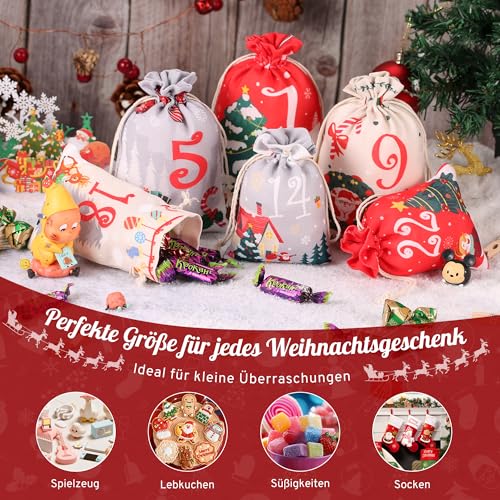DazSpirit Adventskalender zum Befüllen 2025, DIY Säckchen, 24 Groß Stoffbeutel, Adventskalender Selber Befüllen für Kinder & Erwachsene, Säckchen mit Holzklammern und Hanfseil
