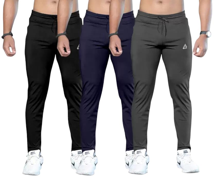 Image of Men's Athletic Track Pants, Pack of 3, Black Navy Grey, Drawstring Waist, Slim Fit