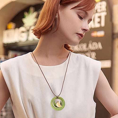 Boho Vintage Handmade Wood Pendant With Cute Charms Long Army Green Leather Necklace Sweater Chain for Women Long Necklace All-Match Style Gift Fashion3
