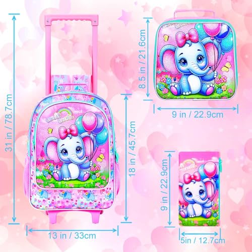 Image of CCJPX 3PCS Rolling Backpack for Girls,Kids Backpacks with Roller Wheels and Lunch Box, Wheeled Bookbag for Toddler Elementary School