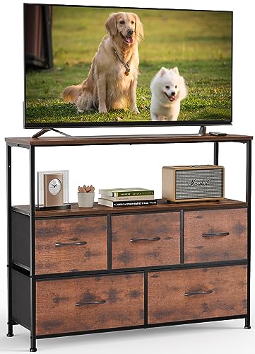 Image of NEWBULIG Dresser,Dresser with 5 Fabric Drawers,Chest of Drawers,Storage Tower, TV Stand Organizer Storage for Bedroom Living Room Hallway, Easy Pull Fabric Bins,Wooden Top, Sturdy Steel Frame,Rust