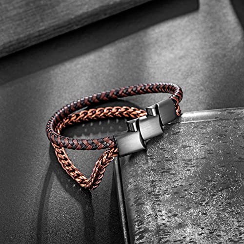 Image of Men's Leather and Steel Chain Bracelet with Clasp