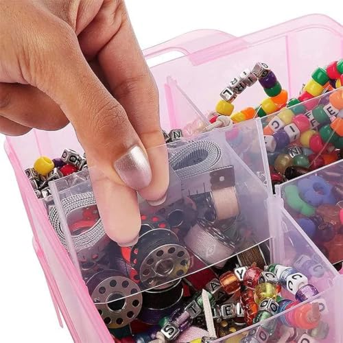 Image of UCRAVO Pink Storage Organizer 3 Layer with 18 Grid Earring Storage Box, Portable Jewelry Craft Accessories Storage Box Basket Container with Collapsible and Removable Dividers Visible for Accessories