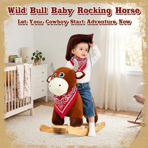 Image of FUNLIO Bull Rocking Horse Ages 1-3, Wild Baby Rocking Horse with Cuddly Head & Bright Sparkling Eyes, Stuffed Plush Ride-on Baby Rocker, Easy to Assemble, CPC & CE Certified