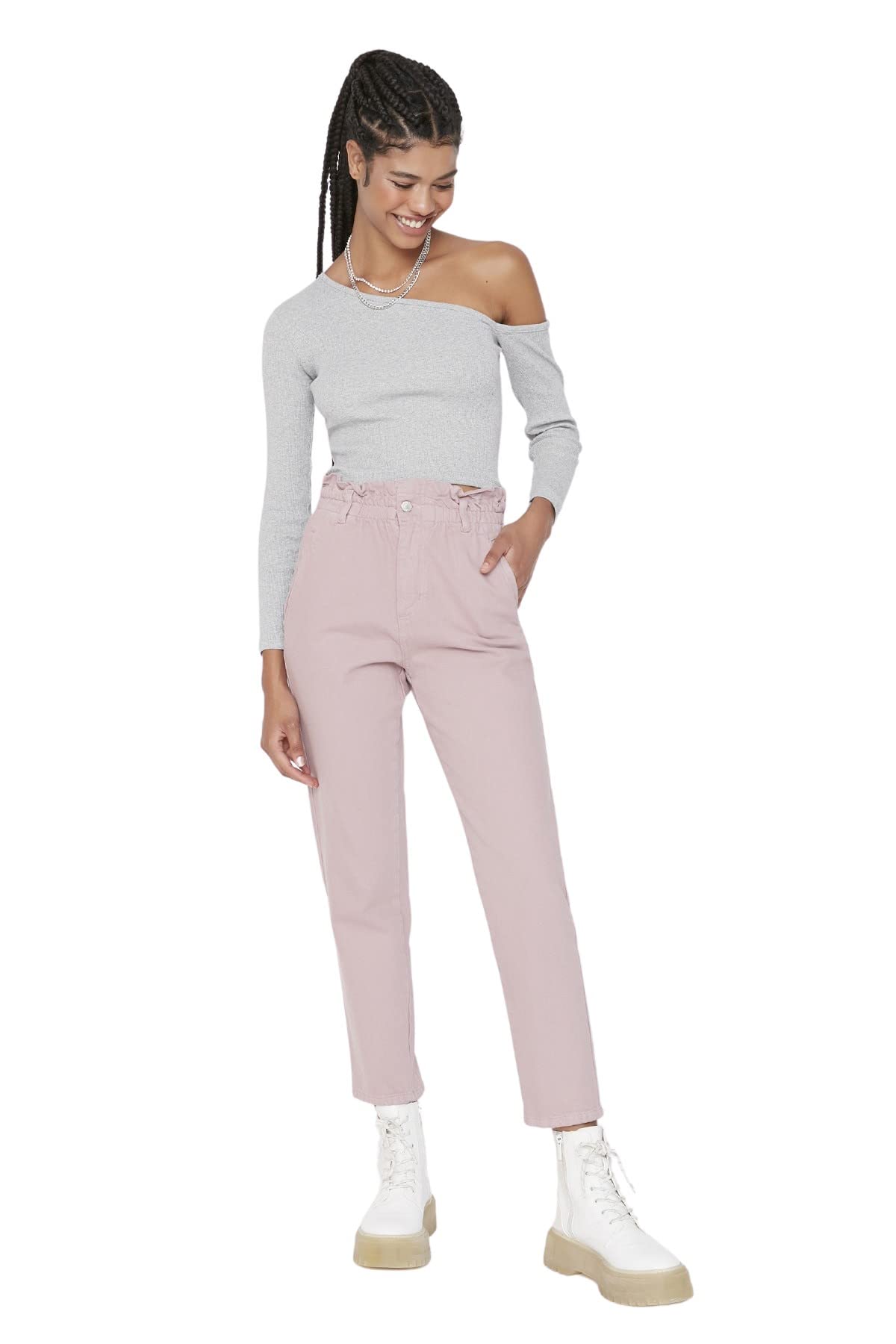 Trendyol Damen Rosa Herren More Sustainable Mittlerer Bund Mom Jeans Jeans Normal Waist Denim Mom Light Blue Jeans, 40