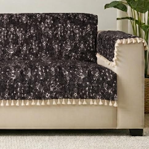 Image of STITCHNEST Woven Fabric Sofa Cover 3 Seater with 2 Hand Rest Covers - Washable Black Sofa Cover with Tassels - Durable Premium Fabric - Stylish Sofa Protector for Living Room & Furniture Decor
