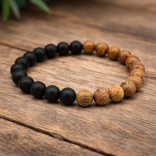 Image of Men's Beaded Bracelet | Matte Black & Natural Wooden Beads | Stretchable Elastic Wrist Band | Stylish Couple Bracelet | Daily Wear Fashion Jewelry for Men & Women