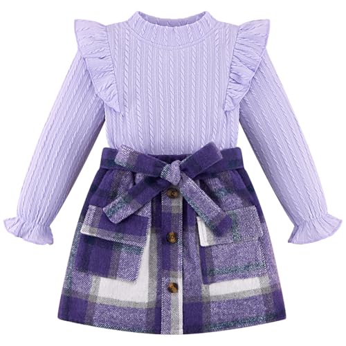 Image of Weixinbuy Toddler Girl Fall Winter Clothes Solid Long Sleeve Ribbed T-Shirt Knit Tops Plaid Button Mini Skirts Set Outfits