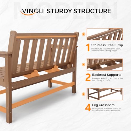 Image of VINGLI 49in HDPE Outdoor Bench with Backrest and Armrests, 2-Person Weatherproof Patio Bench, Heavy Duty 600 lbs Capacity, Low Maintenance Garden Benches for Porch Backyard Poolside Park (Teak)