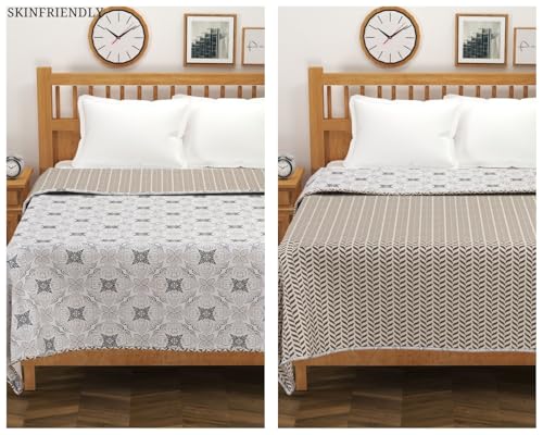 Image of Amazon Brand - Umi Blanket for Single Bed, 120 GSM Microfiber 2 Layered Quilted Dohar, Soft Lightweight Reversible Printed AC Blanket Single Bed for All Season (Silver, 152 x 225 cm)