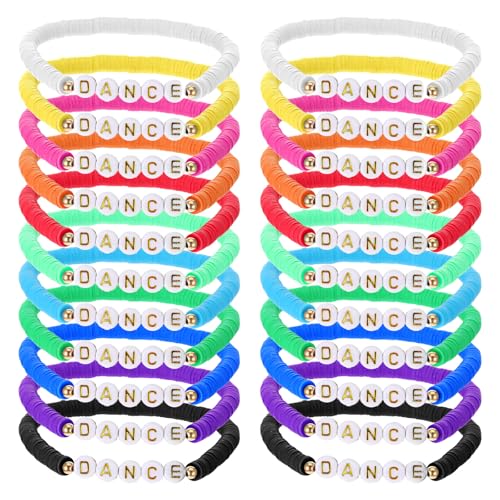 24 Pack Friendship Bracelets for Women, Colorful Clay Beaded Dance Bracelet Bulk Stretch Stackable Preppy Bracelets for Team Gift, Jewelry Favor