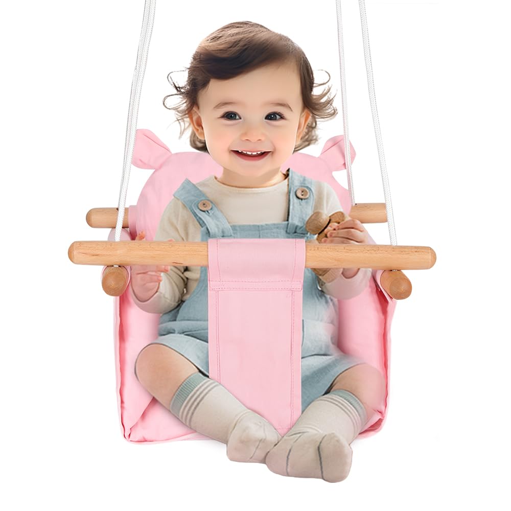 Columpio de bebé 3 en 1, exterior e interior, con bolsillo de oso, 29 x 29 x 31 cm, color rosa