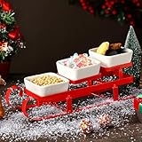 Nuogo 4 Pcs Christmas Sleigh Serving Bowls 3 Tiered Serving Dishes Christmas Relish Platter Condiment Dip Holder Red White Metal Sleigh Stand Ceramic Sauce Dip Tray for Xmas Display(Classic)