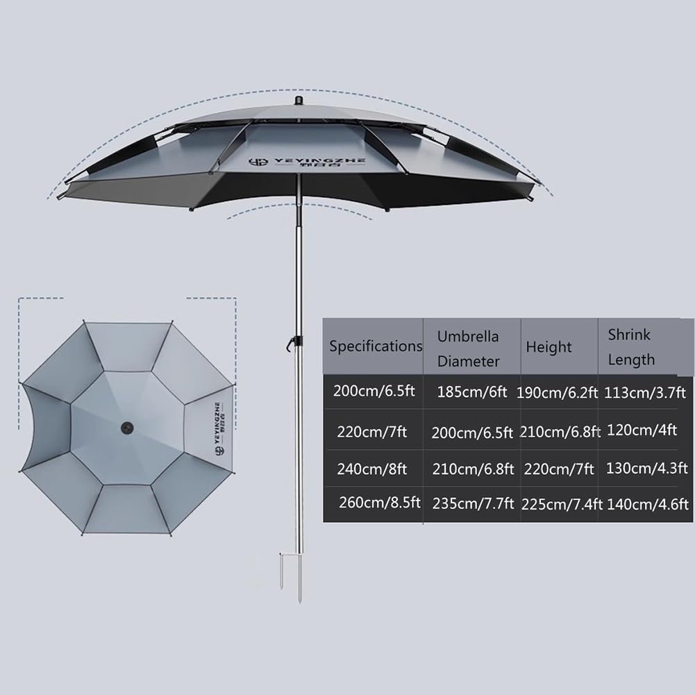 Parasol Wędkarski, Parasol Ogrodowy z Pochyleniem i Wentylacją, Parasol Plażowy z Ochroną UV, Aluminiowy Słupek, Obrót 360°(200CM/6.5FT)