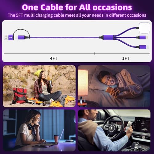 Image of Travel Essentials 3in2 Multi Charging Cable for iPhone Watch Charger,USB A /C to Type C /IP /iWatch Charger,Travel Chargers for Multiple Devices Compatible with iWatch Series&iPhone 16-12 5FT