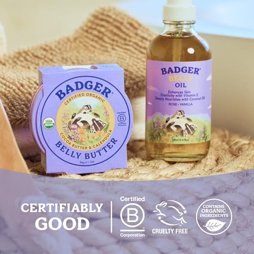 Image of Badger Organic Belly Butter, Cocoa Butter & Coconut, 2 oz Tin | Stretch Mark Cream for Pregnant Belly, Rich Hypoallergenic Body Butter for Women, Pregnancy stretch mark cream