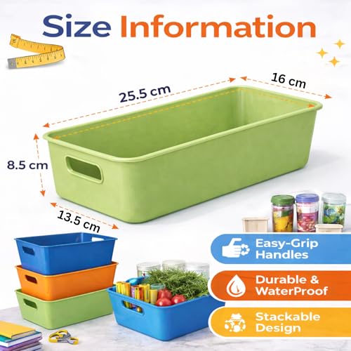 Image of Plastic Storage Organizer Bins with Handles (Pack of 3) | Multipurpose Storage Basket for Kitchen, Pantry, Bathroom, Office & Kids Room | Stackable Durable Storage Containers for Home Organization